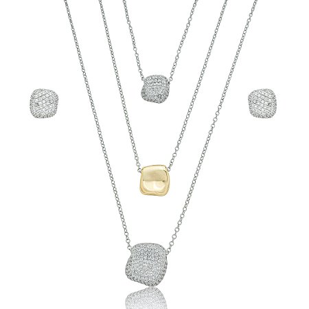 Conjunto de brinco e colar cravejado de zirconia cristal banho em rodio branco