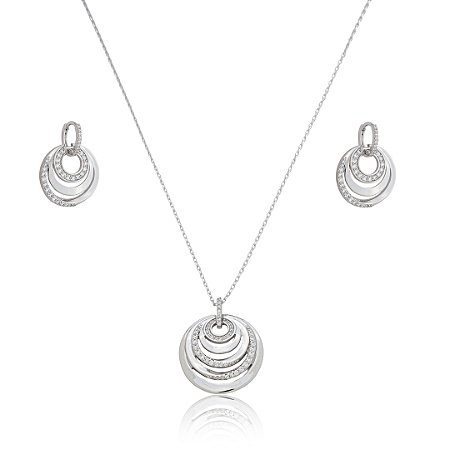 Conjunto de brinco e colar cravejado de zirconia cristal banho em rodio branco