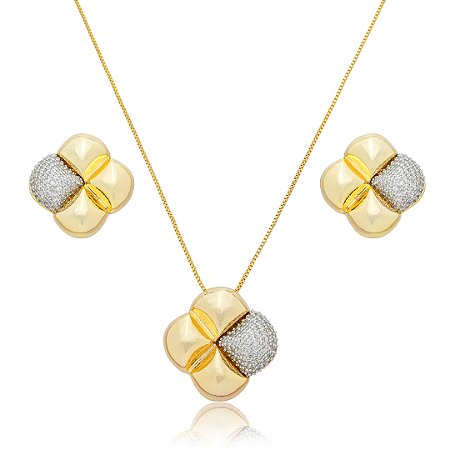 Conjunto de brinco e colar cravejado de zirconia cristal banho em ouro 18k