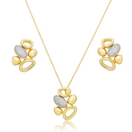 Conjunto de brinco e colar cravejado de zirconia cristal banho em ouro 18k