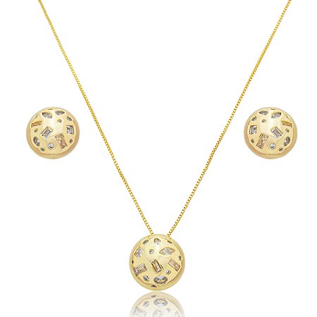 Conjunto de brinco e colar cravejado de zirconia cristal banho em ouro 18k