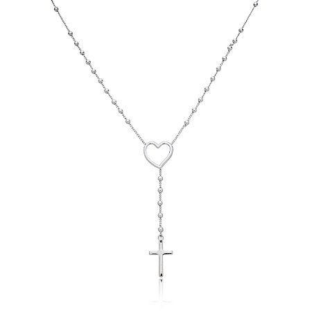 Colar com pingente de coração e cruz banho em rodio branco
