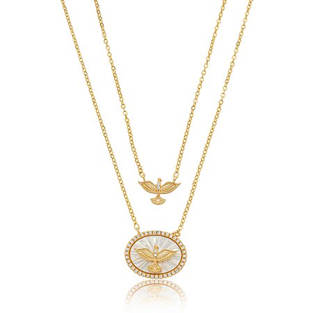 Colar espirito santo cravejado de zirconia cristal banho em ouro 18k