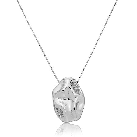 Colar com pingente organico com zirconia cristal banho em rodio branco