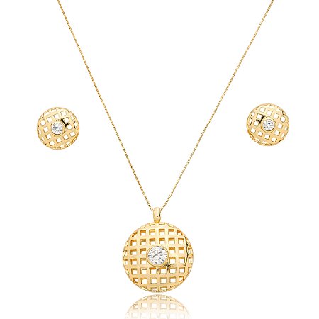 Conjunto de brinco e colar com zirconia banho em ouro 18k