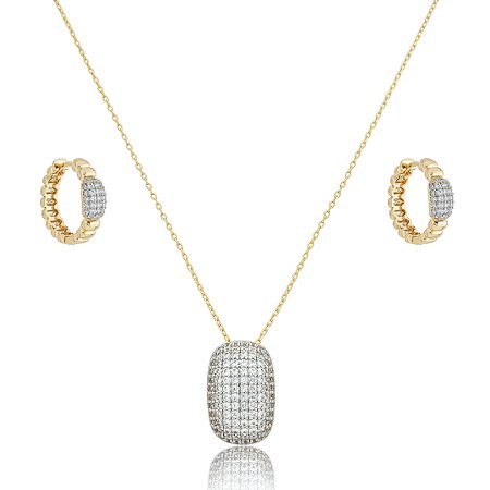 Conjunto de brinco e colar com zirconia cristal banho em ouro 18k