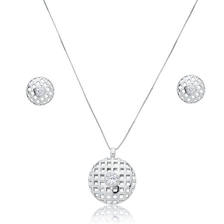 Conjunto de brinco e colar com zirconia cristal banho em rodio branco