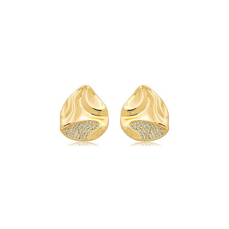 Brinco organico cravejado de zirconia cristal banho em ouro 18k