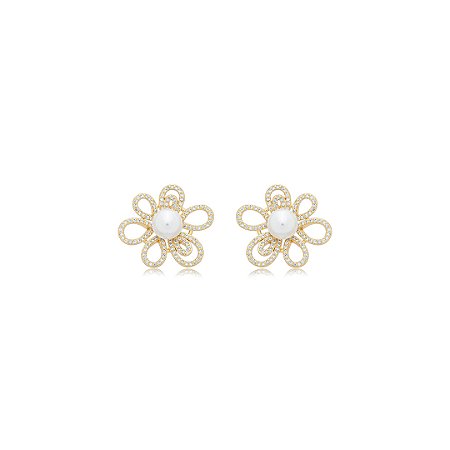 Brinco de flor com perola e zirconia cristal banho em ouro 18k