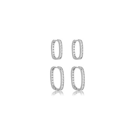 Dupla de argolas com zirconia cristal banho em rodio branco