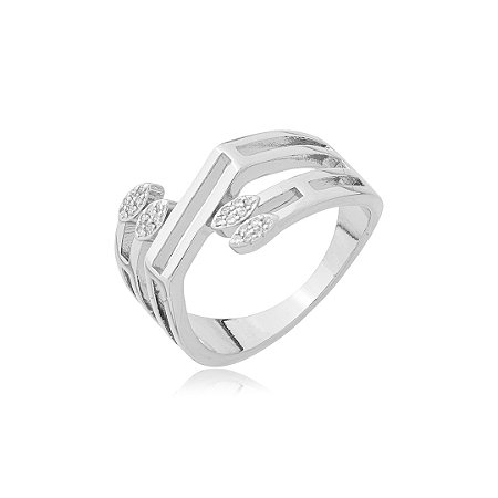 Anel cravejado de zirconia cristal banho em rodio branco