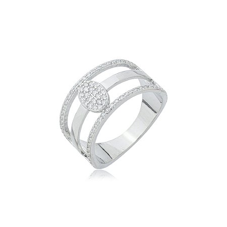 Anel cravejado de zirconia cristal banho em rodio branco