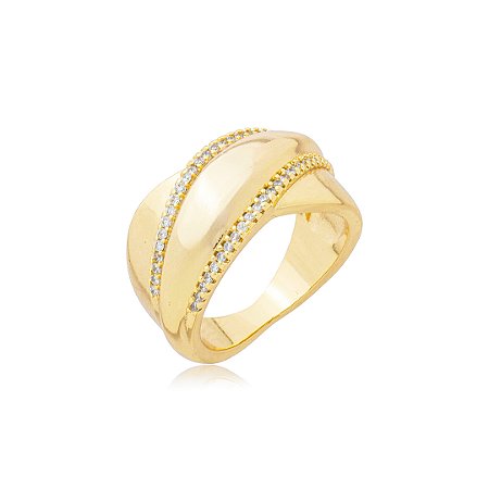 Anel cravejado de zirconia cristal banho em ouro 18k
