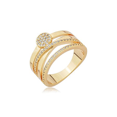 Anel cravejado de zirconia cristal banho em ouro 18k