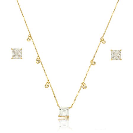 Conjunto de brinco e colar com zirconia cristal banho em ouro 18k