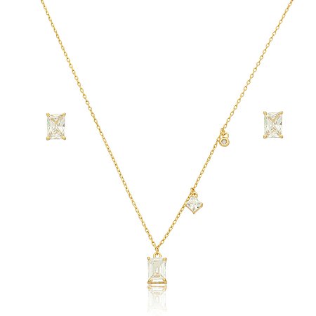 Conjunto de brinco e colar com zirconia cristal banho em ouro 18k