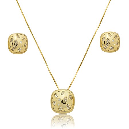 Conjunto de brinco e colar com zirconia cristal banho em ouro 18k