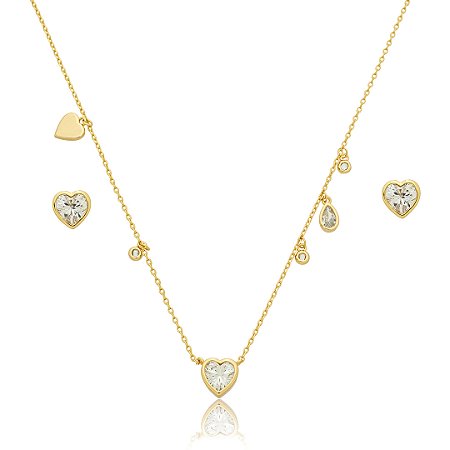 Conjunto de brinco e colar de coração com zirconia cristal banho em ouro 18k