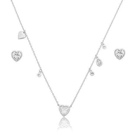 Conjunto de brinco e colar de coração com zirconia cristal banho em rodio branco