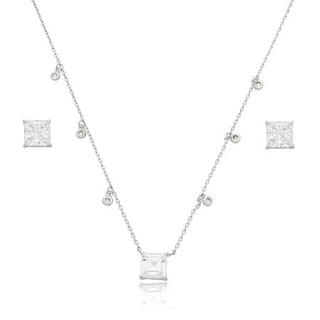 Conjunto de brinco e colar com zirconia cristal banho em rodio branco