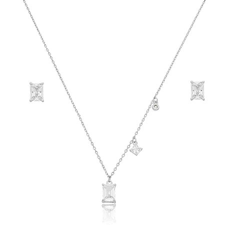 Conjunto de brinco e colar com zirconia cristal banho em rodio branco