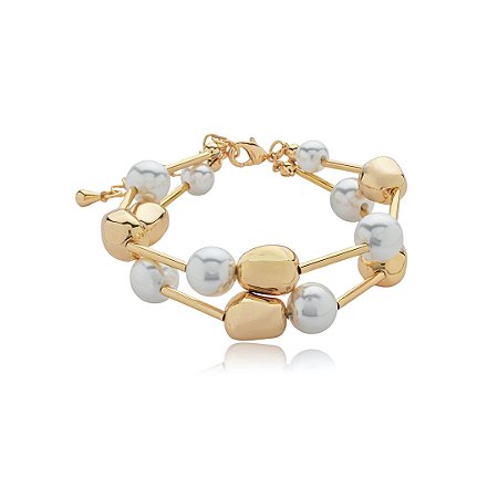 Pulseira dupla de pérola lisa banho em ouro 18k