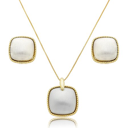 Conjunto de brinco e colar acetinado banho duplo