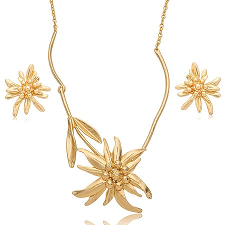 Conjunto de brinco e colar acetinado banho em ouro 18k