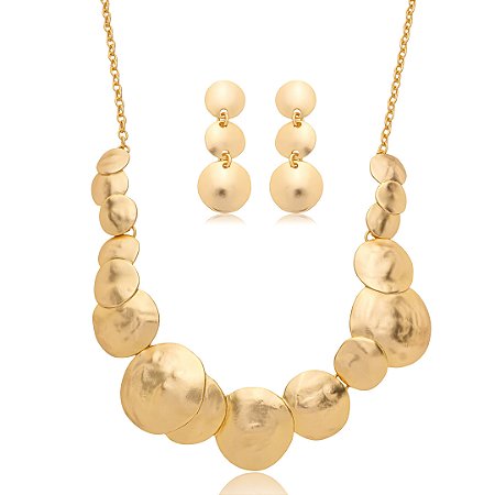 Conjunto de brinco e colar liso acetinado banho em ouro 18k