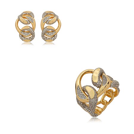 Conjunto de brinco e anel cravejado de zircônia cristal banho em ouro 18k