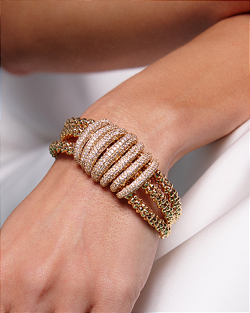 Pulseira malha cravejada de zircônia cristal banho em ouro 18k
