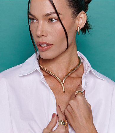 Conjunto de brinco e colar escovado com zircônia cristal banho em ouro 18k