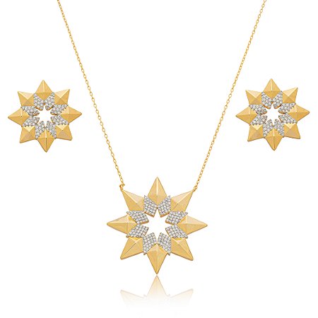 Conjunto de brinco e colar cravejado de zircônia cristal com caneta de ródio banho em ouro 18k