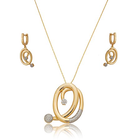 Conjunto de brinco e colar cravejado de zircônia cristal com caneta de ródio banho em ouro 18k