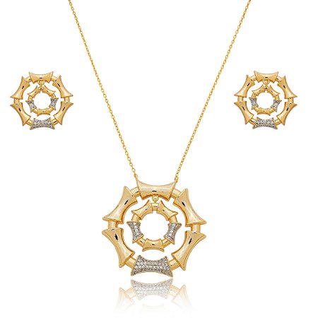 Conjunto de brinco e colar cravejado de zircônia cristal com caneta de ródio banho em ouro 18k