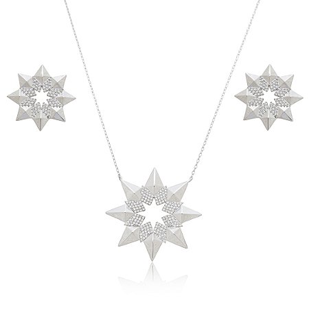Conjunto de brinco e colar cravejado de zircônia cristal banho em ródio branco