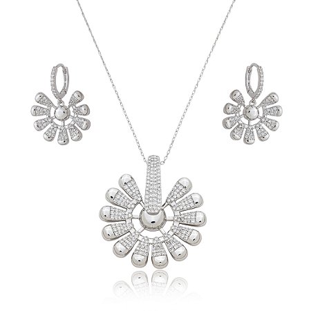 Conjunto de brinco e colar cravejado de zircônia cristal banho em ródio branco