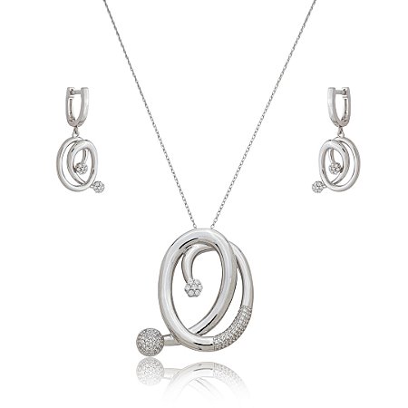 Conjunto de brinco e colar cravejado de zircônia cristal banho em ródio branco