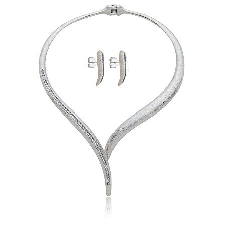 Conjunto de brinco e colar escovado cravejado de zircônia cristal banho em ródio branco