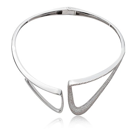 Colar de aro cravejado de zircônia cristal banho em ródio branco