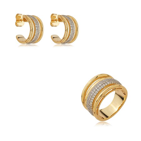Conjunto de brinco e anel cravejado de zircônia cristal banho em ouro 18k