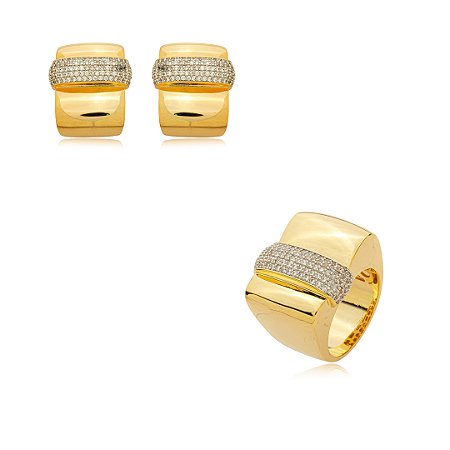 Conjunto de brinco e anel cravejado de zircônia cristal banho em ouro 18k