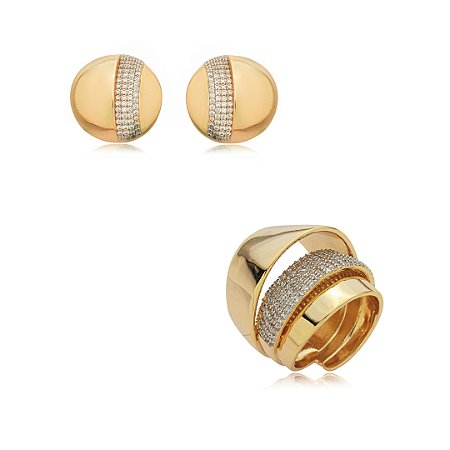 Conjunto de brinco e anel cravejado de zircônia cristal banho em ouro 18k