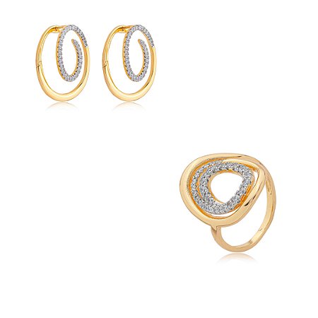 Conjunto de brinco e anel cravejado de zircônia cristal banho em ouro 18k