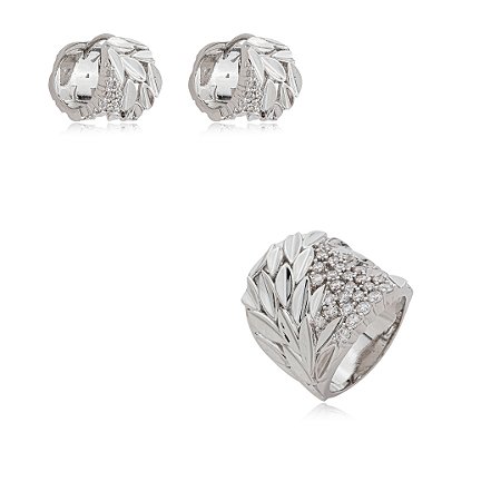 Conjunto de brinco e anel cravejado de zircônia cristal banho em ródio branco