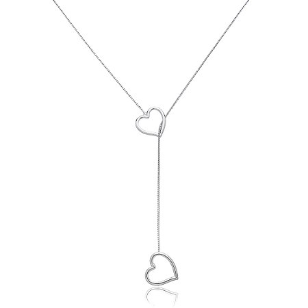 Colar com pingente de coração duplo liso banho em ródio branco