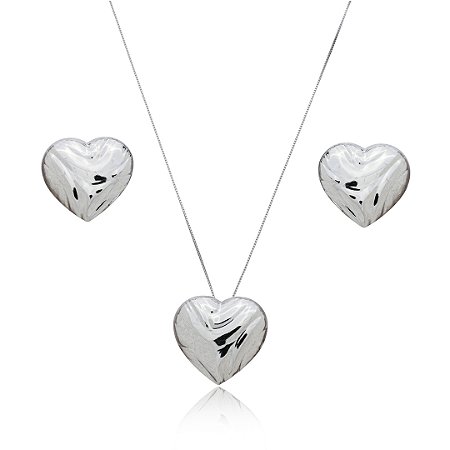 Conjunto de brinco e colar de coração liso banho em ródio branco