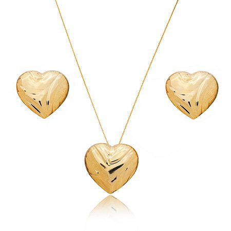 Conjunto de brinco e colar de coração liso banho em ouro 18k