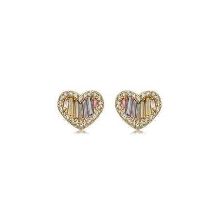 Brinco de coração cravejado de zircônia rainbow banho em ouro 18k