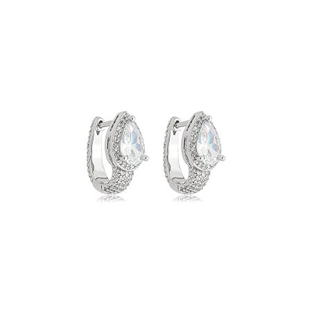 Brinco de argola cravejado de zircônia cristal banho em ródio branco